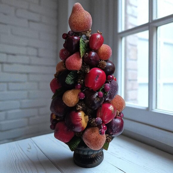Vintage Fruit Topiary Centerpiece – Faux Sugared Fruit Arrangement in Metal Pot - Picture 1 of 10